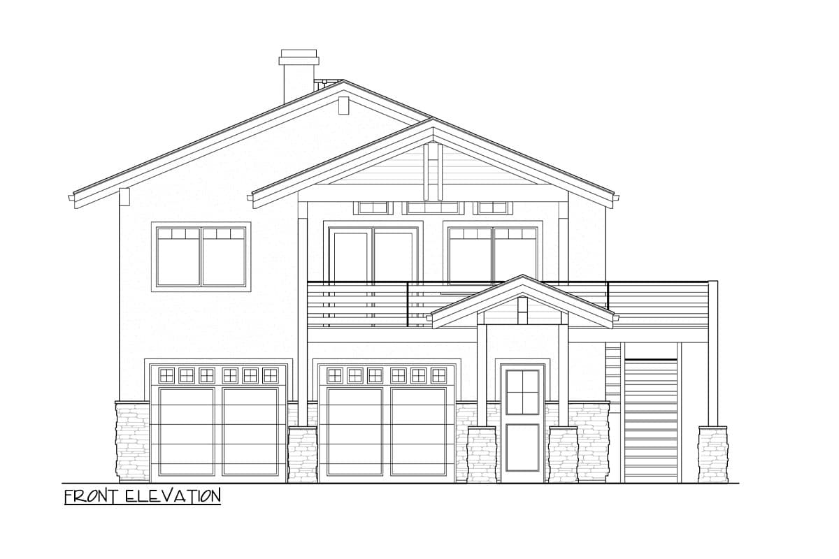 Front elevation drawing of a two-story house plan with a balcony, three garages, and stone accents.