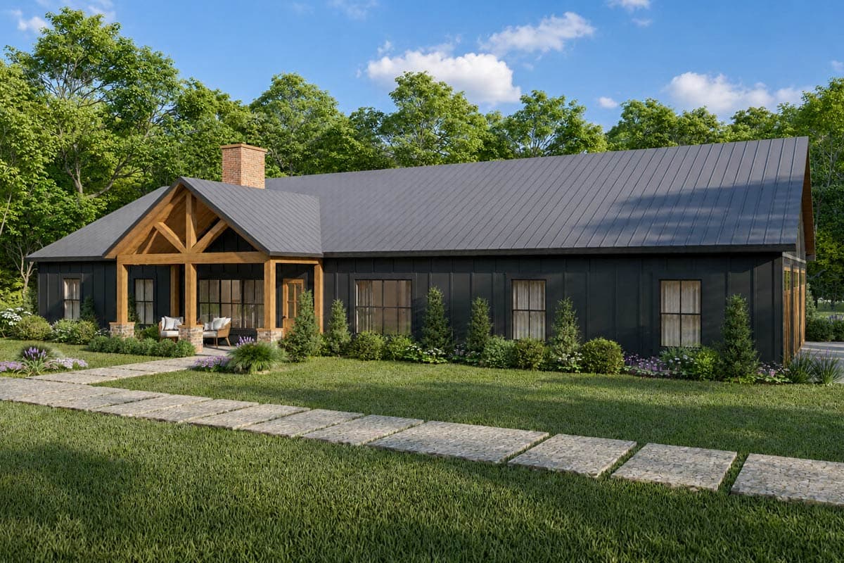 House plan exterior: Modern Farmhouse style, one-story, with a covered entry, exposed wood beams, and a metal roof.