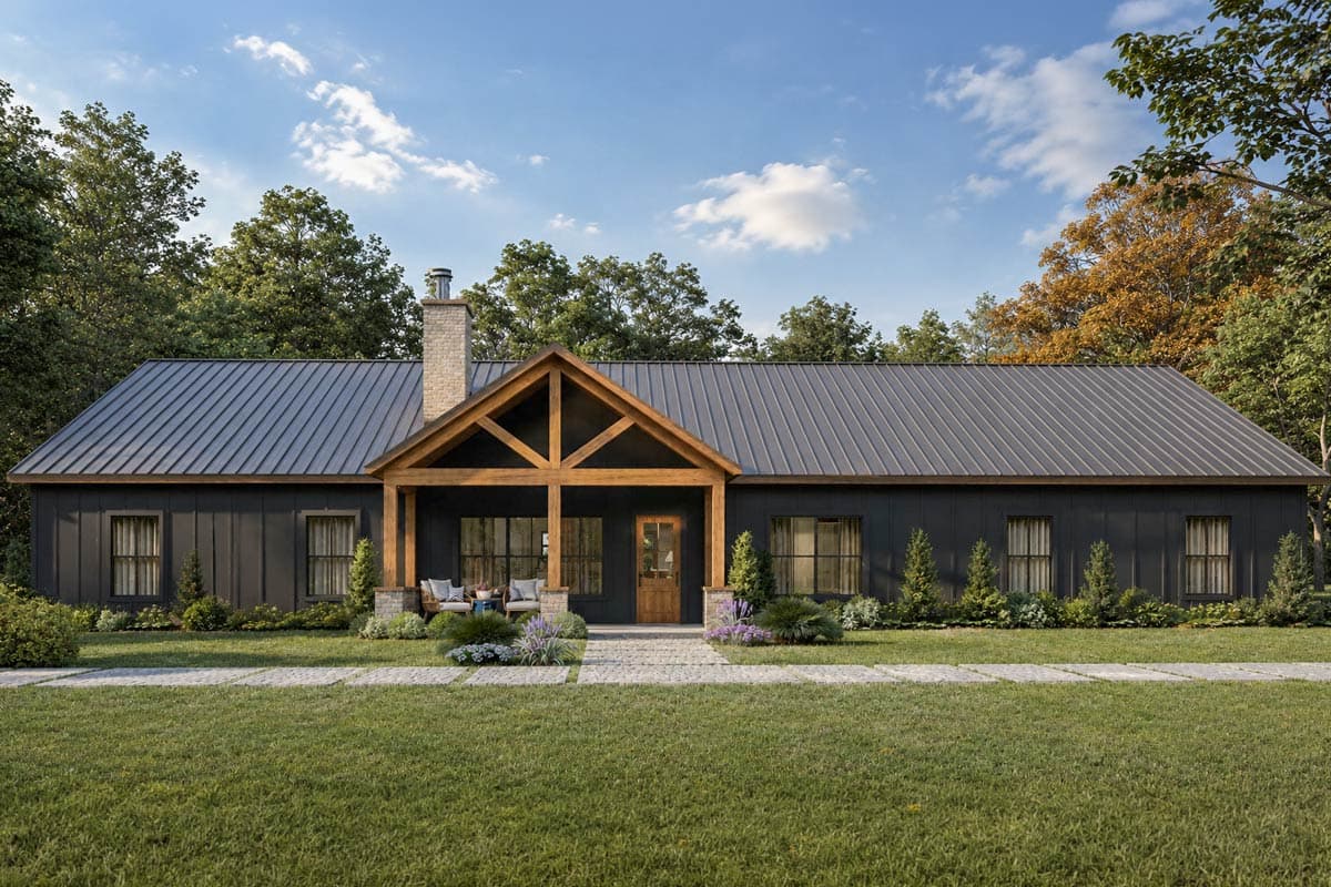 House plan exterior. Ranch-style home with a single story, front porch with wooden beams, and a brick chimney. Features a metal roof.