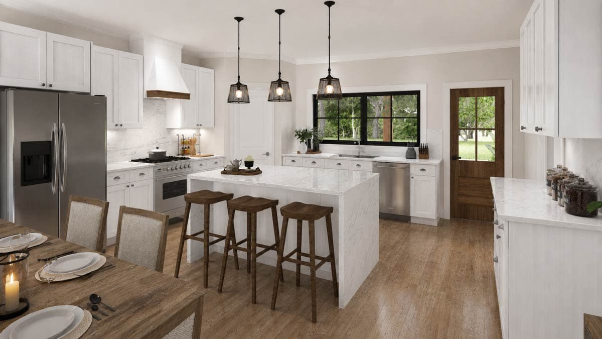Rendering of a kitchen with white cabinetry, large island with seating, stainless steel appliances, and a door to the exterior.