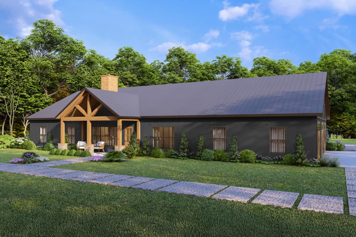 House plan exterior: Modern Farmhouse style, one-story, with a covered entry, exposed wood beams, and a metal roof.