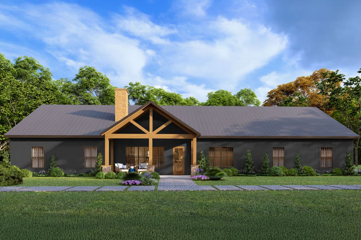 House plan exterior. Ranch-style home with a single story, front porch with wooden beams, and a brick chimney. Features a metal roof.