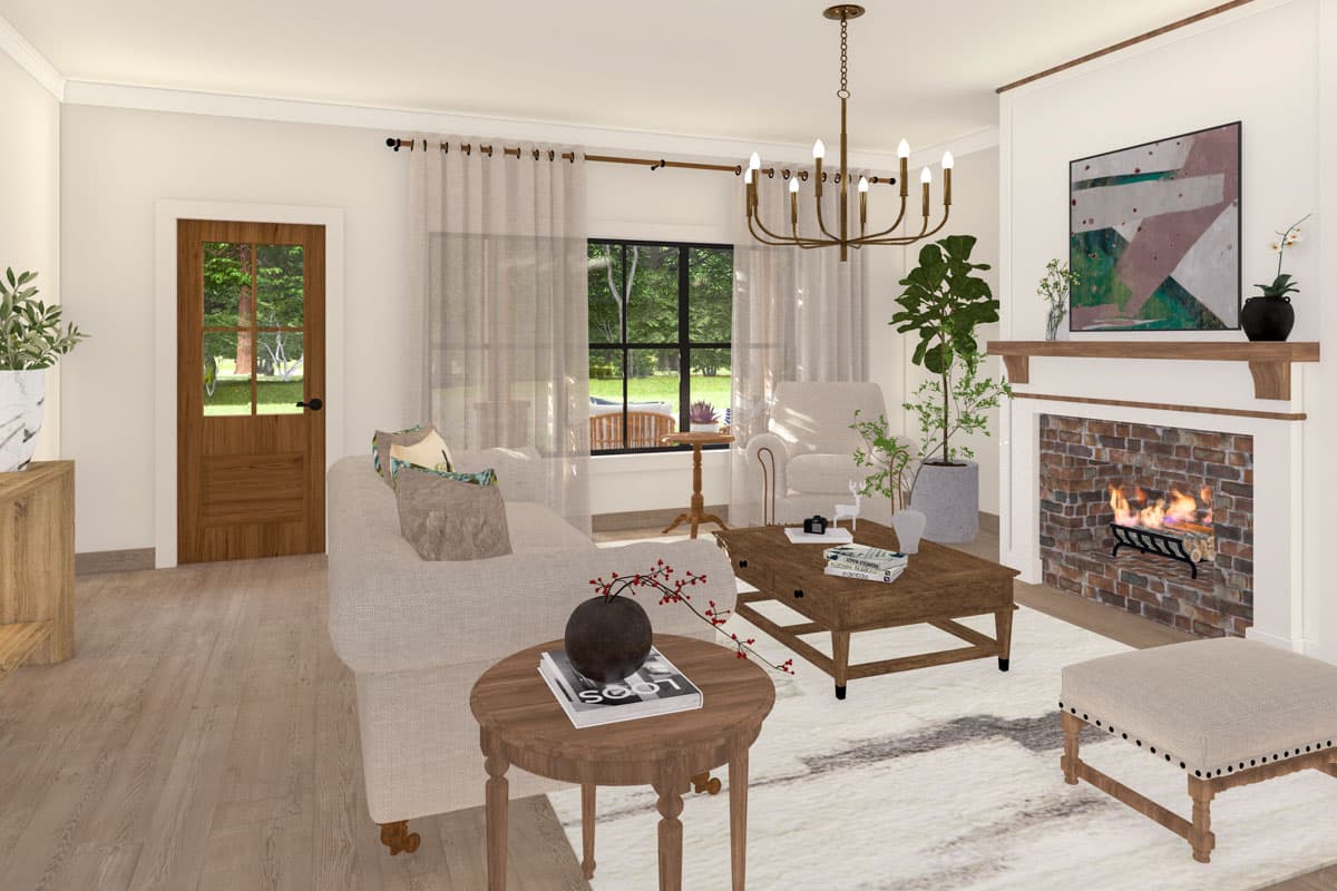 Living room with brick fireplace, wood door, large window, seating, and coffee table.