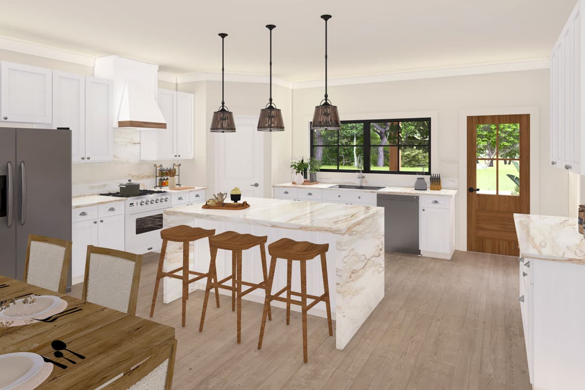 Rendering of a kitchen with white cabinetry, large island with seating, stainless steel appliances, and a door to the exterior.