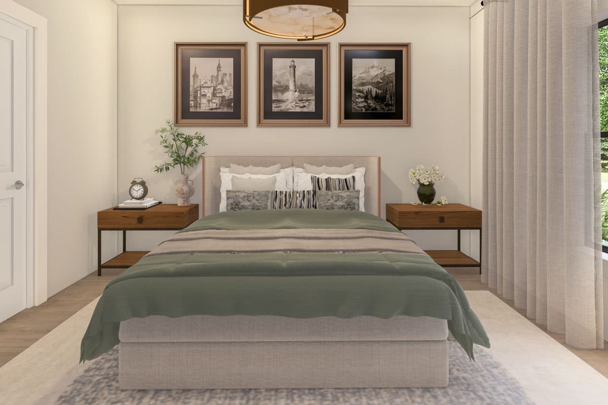 Bedroom rendering with a queen bed, wood nightstands, artwork, and floor-to-ceiling curtains.