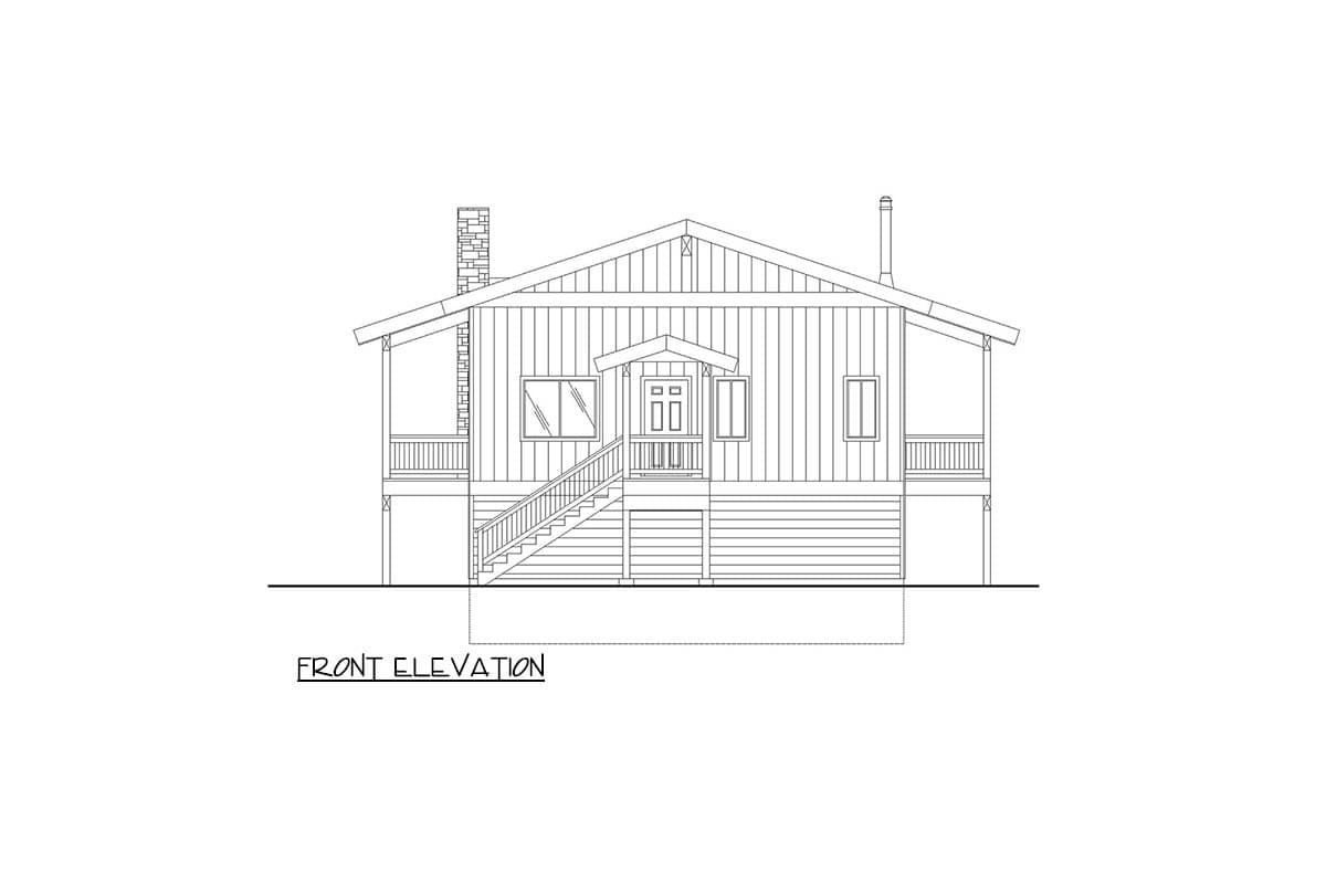 Front elevation drawing of a one-story house with a prominent gable roof, covered porch, and central entrance with stairs.