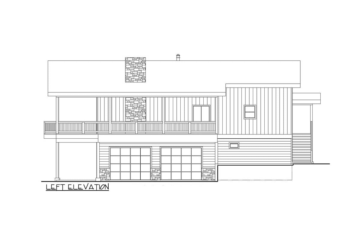 Left elevation house plan. Two-story with dual garage doors, wraparound porch, stone accents, and multiple gables.
