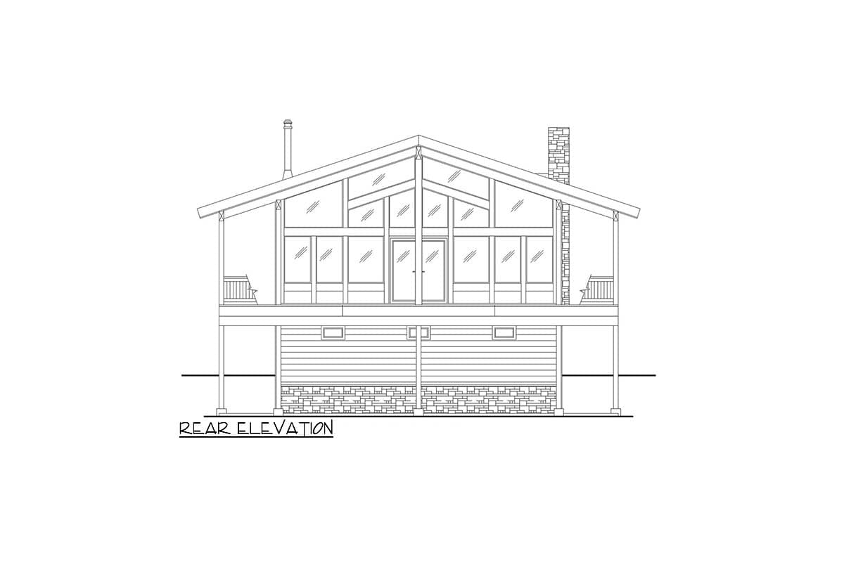 Rear elevation drawing of a house plan featuring a gable roof, extensive windows, two porches, and a stone foundation.