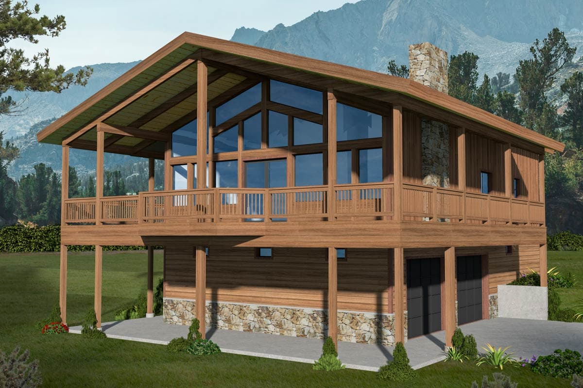 House plan exterior. Two-story with exposed posts and beams. Features include a large covered deck, stone chimney, and garage.