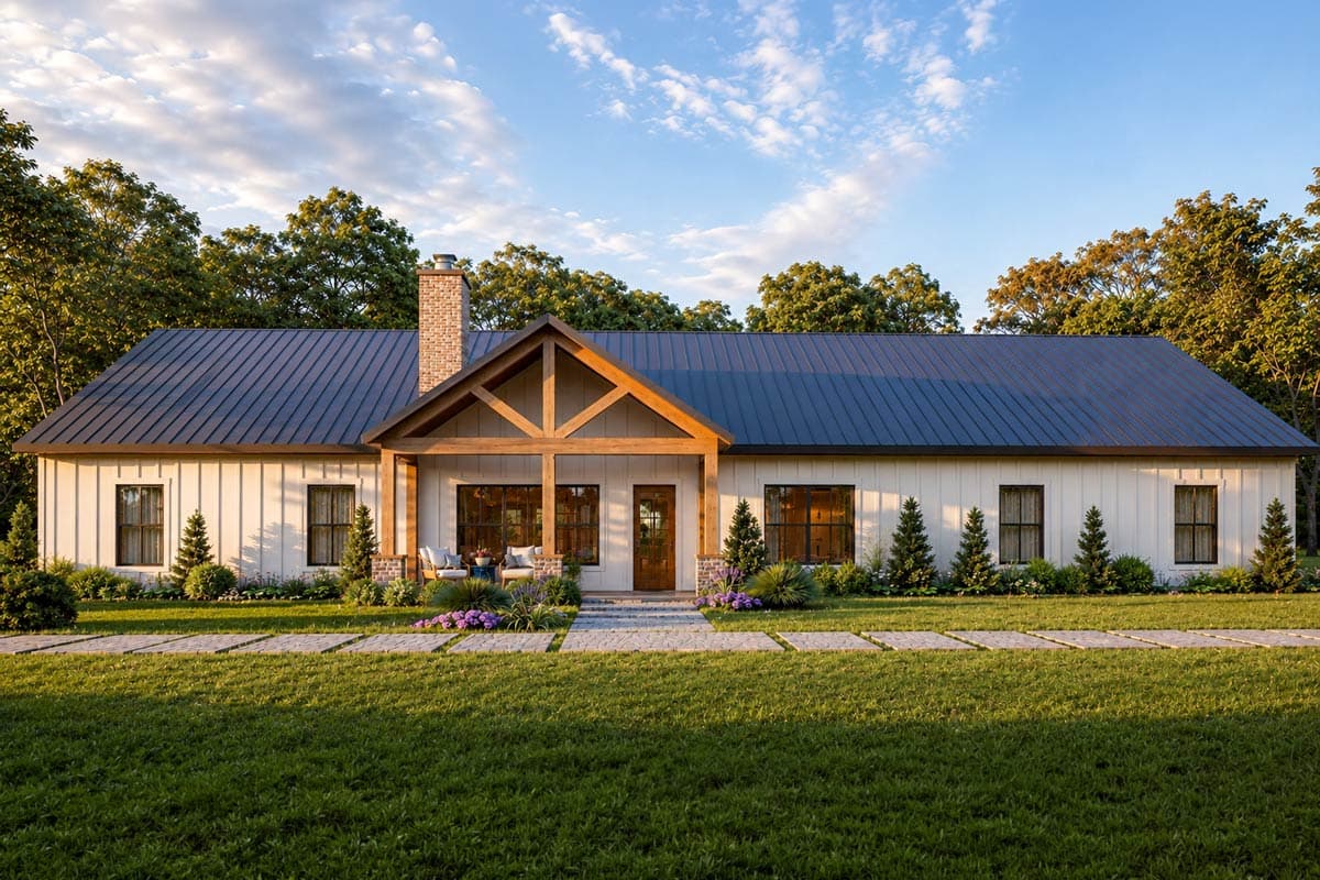 House plan exterior with a single story, farmhouse style. Features include a front porch with exposed beams, a metal roof, and a brick chimney.
