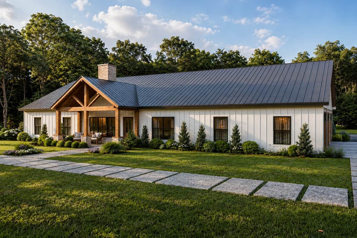 Modern Farmhouse house plan exterior with a gabled roof, exposed wood beams, and a covered front porch with a brick chimney.