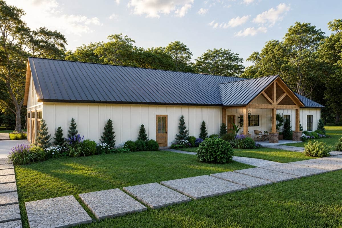 Modern Farmhouse style house plan exterior with a gabled entry porch, exposed wood beams, and a metal roof.
