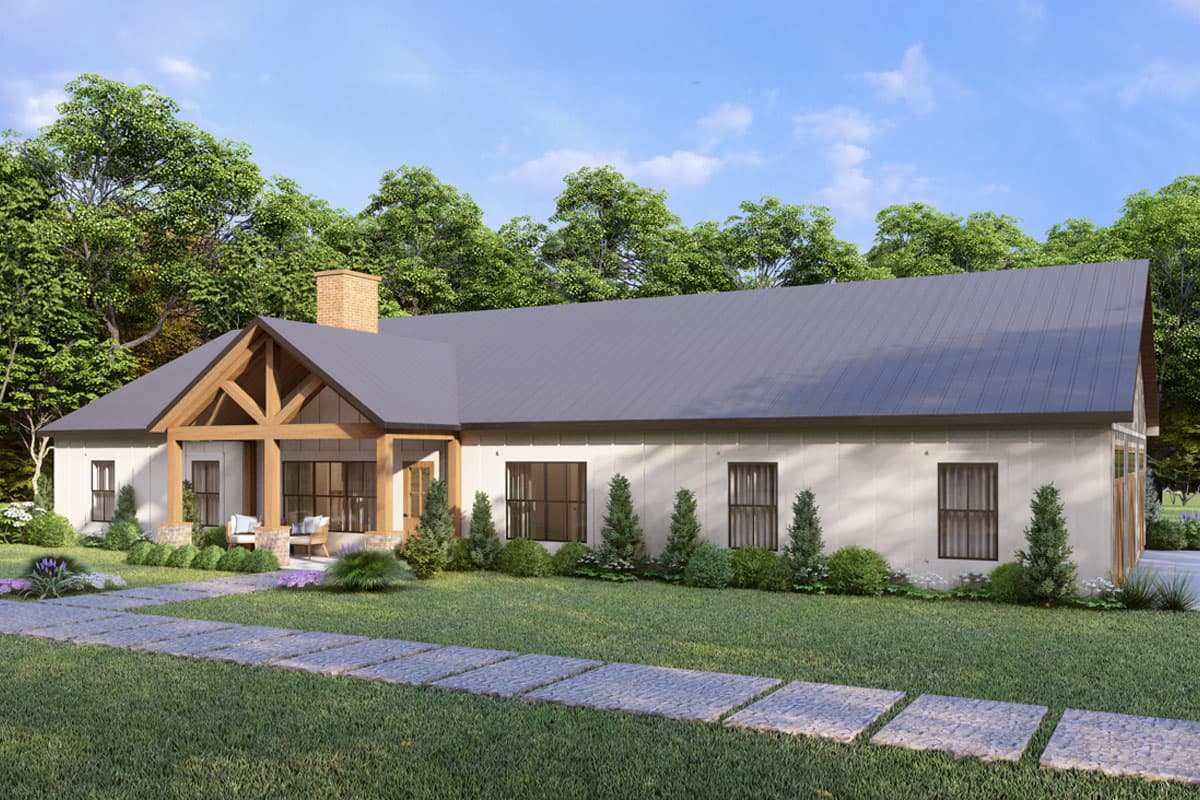 Modern Farmhouse house plan exterior with a gabled roof, exposed wood beams, and a covered front porch with a brick chimney.