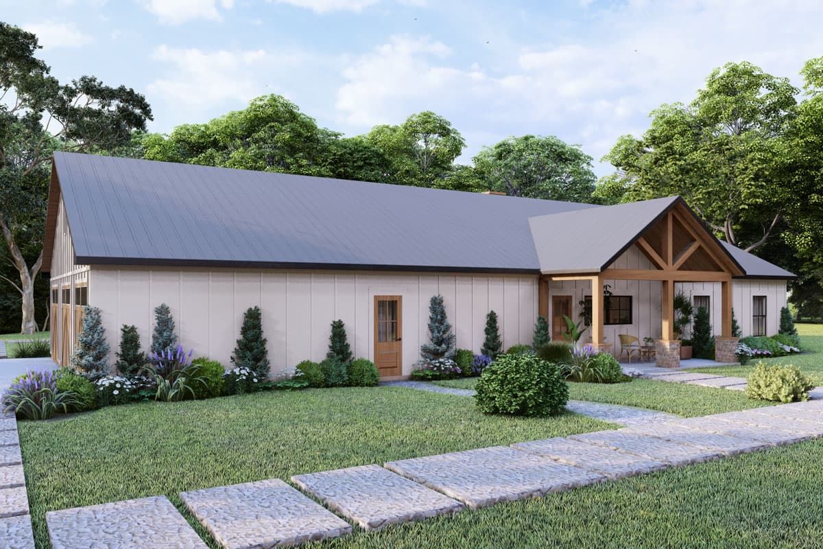 Modern Farmhouse style house plan exterior with a gabled entry porch, exposed wood beams, and a metal roof.