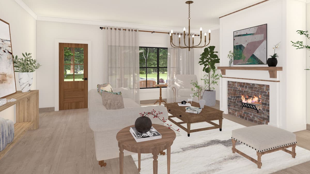 Interior rendering of a living room featuring a brick fireplace, wood-framed door, and large window.