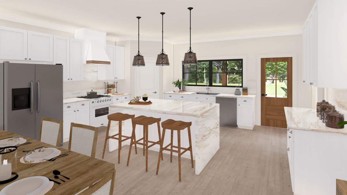 Kitchen rendering with white cabinets, large marble island with seating, stainless steel refrigerator, and wood-paneled door.