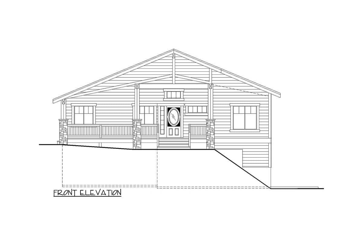 Front elevation drawing of a single-story house with a covered porch, gabled roof, and horizontal siding.