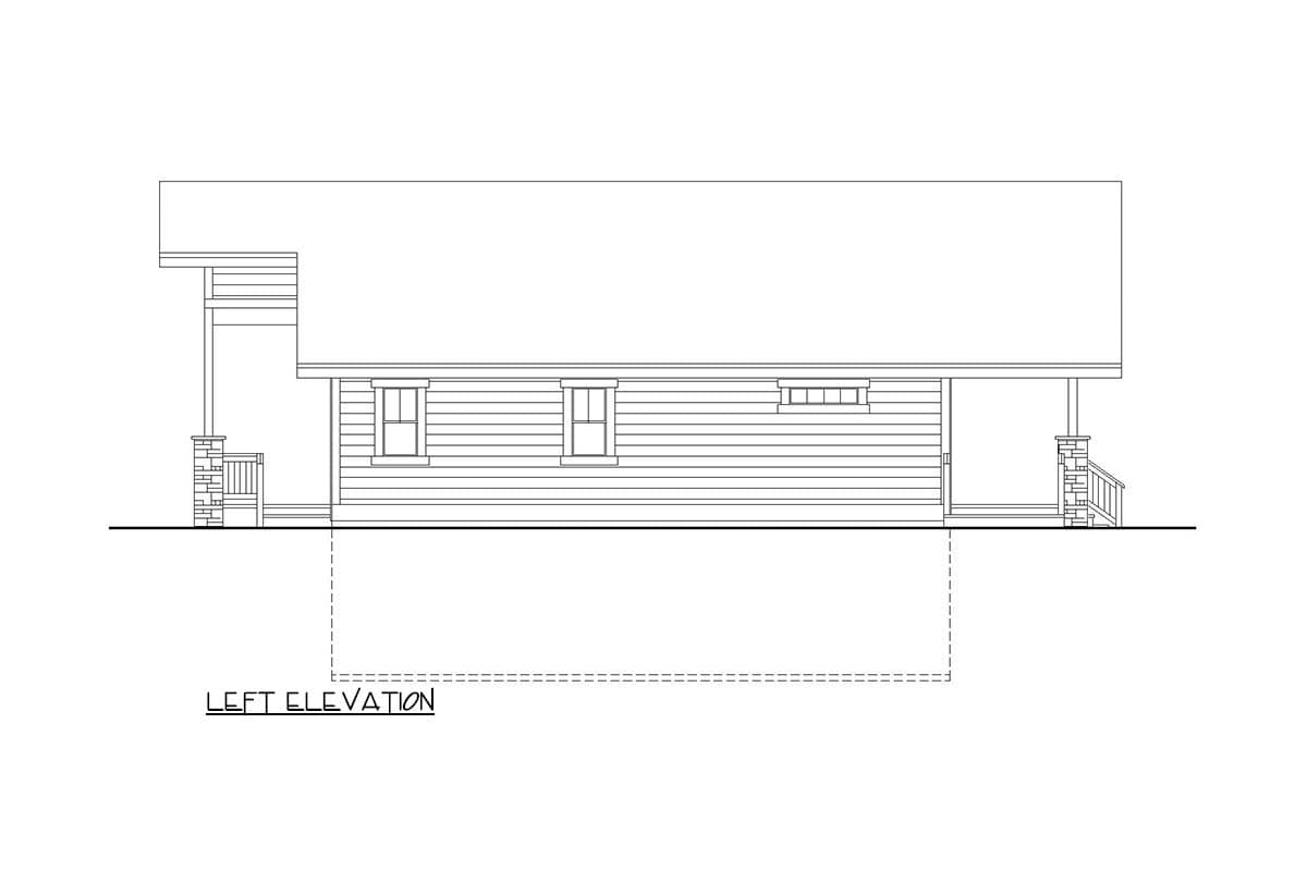 Left elevation house plan drawing shows a single-story structure with a covered porch supported by stone-clad columns.