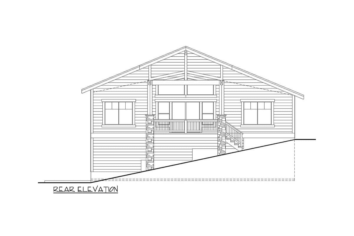 Rear elevation drawing of a house plan featuring a prominent gable, large central windows, and a covered porch.