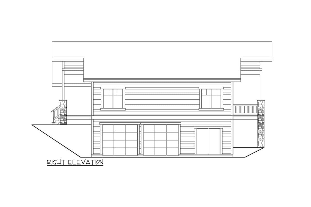 Right elevation floor plan showing two stories, horizontal siding, two garage doors, and covered porches.