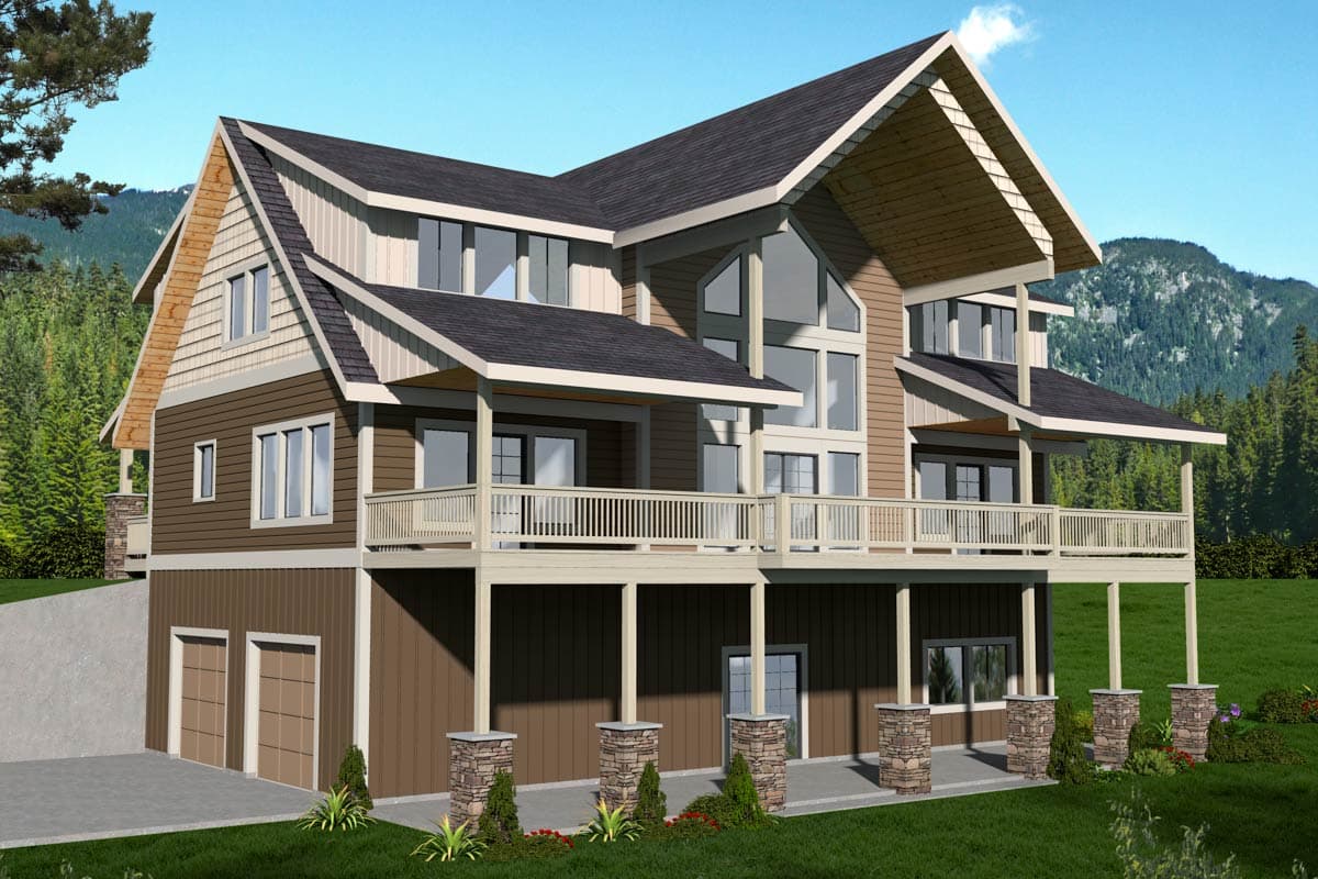 House plan exterior. Two-story home with a gabled roof, balconies, and exposed beam accents. Features a two-car garage at the base.