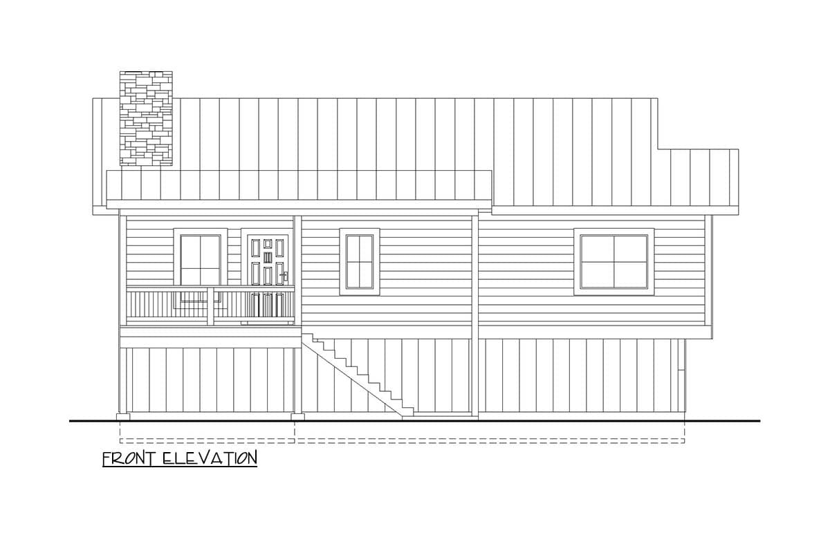 Front elevation drawing of a one-story house with a covered porch, gable roof, and stone chimney.