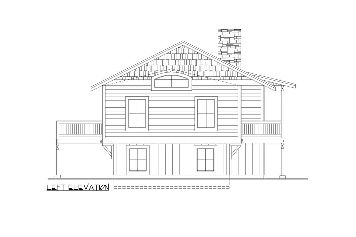 Left elevation house plan drawing with a stone chimney, two stories, dormer, and wrap-around deck.