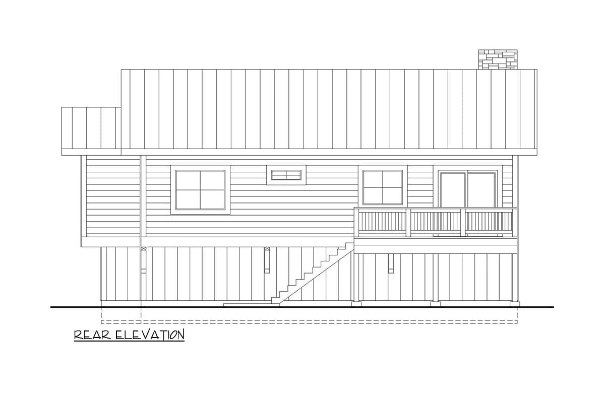 Rear elevation drawing of a two-story house plan with horizontal siding, a porch, a chimney, and a standing seam metal roof.