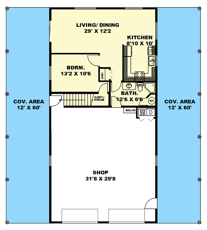 Plan 350124GH: 1-Bedroom Mountain House Plan with Oversized Workshop - 772 Sq Ft - Floor Plan - Main Level - Mountain