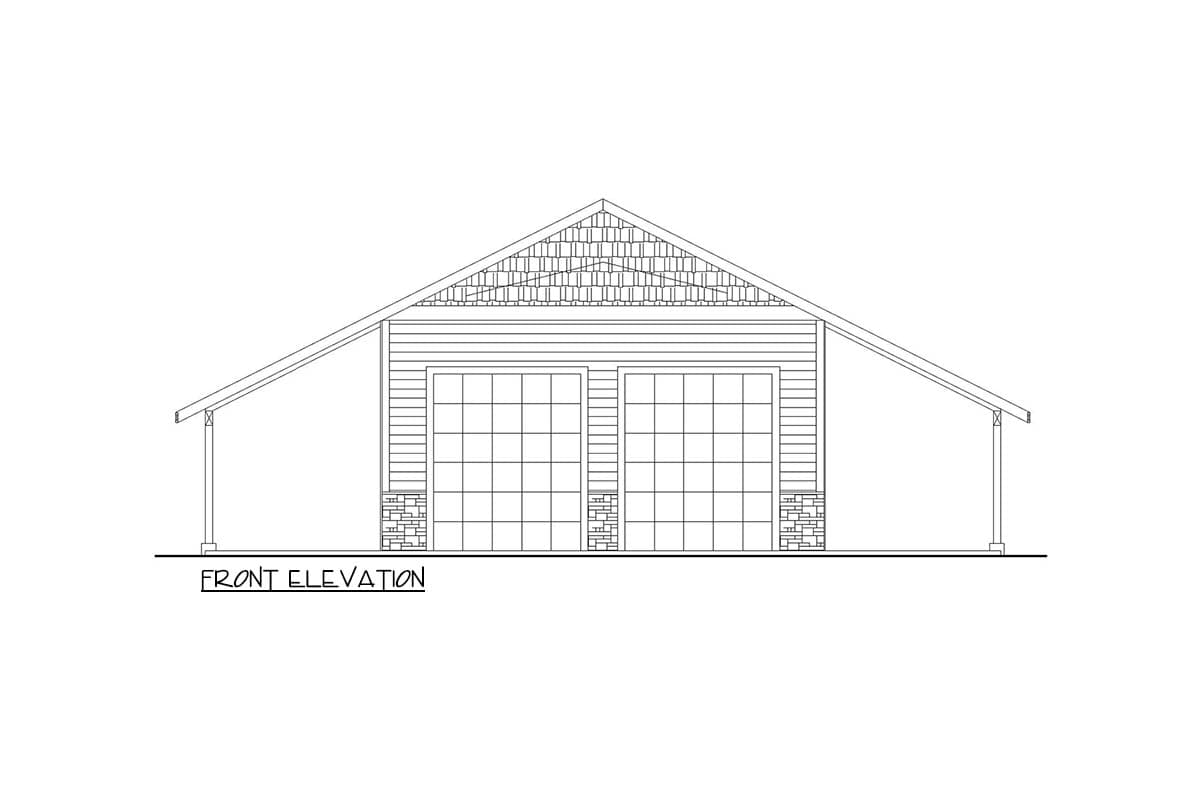 Front elevation drawing of a two-car garage with gable end, horizontal siding, stone accents, and hip roof.