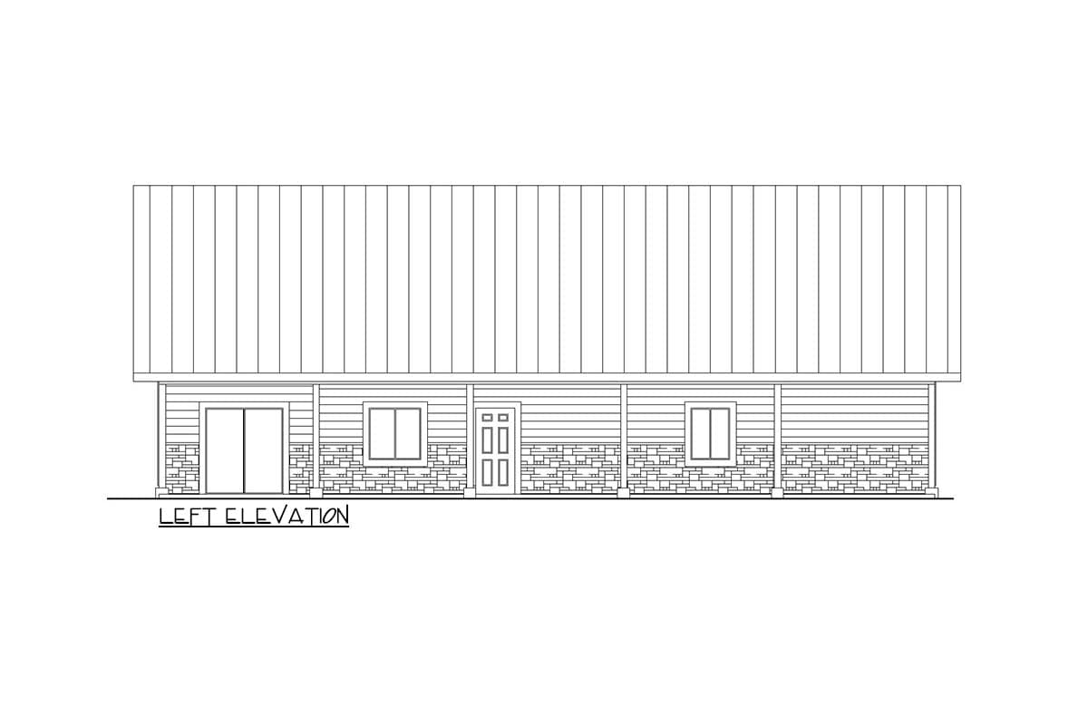 Left elevation drawing of a house plan with a metal roof, horizontal siding, and stone foundation.