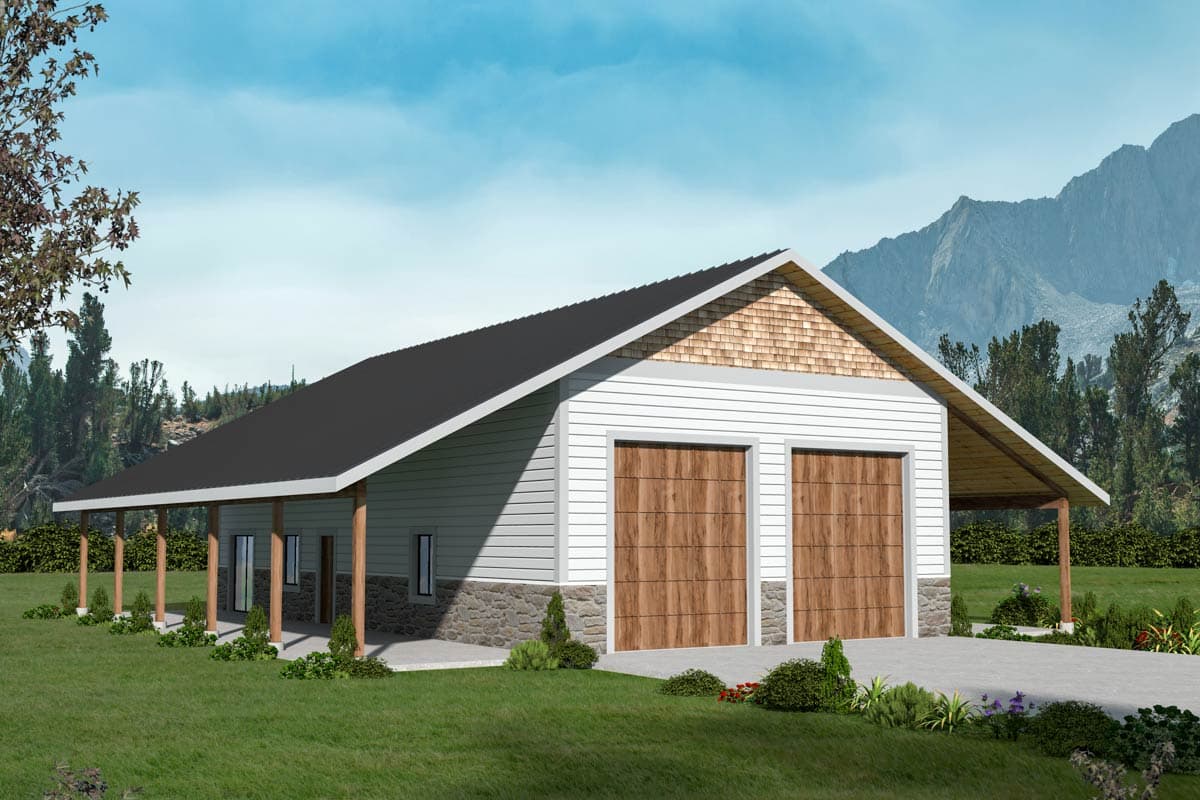House plan exterior with two-car garage, covered porch, and gable roof. Features wood garage doors and a stone veneer accent.