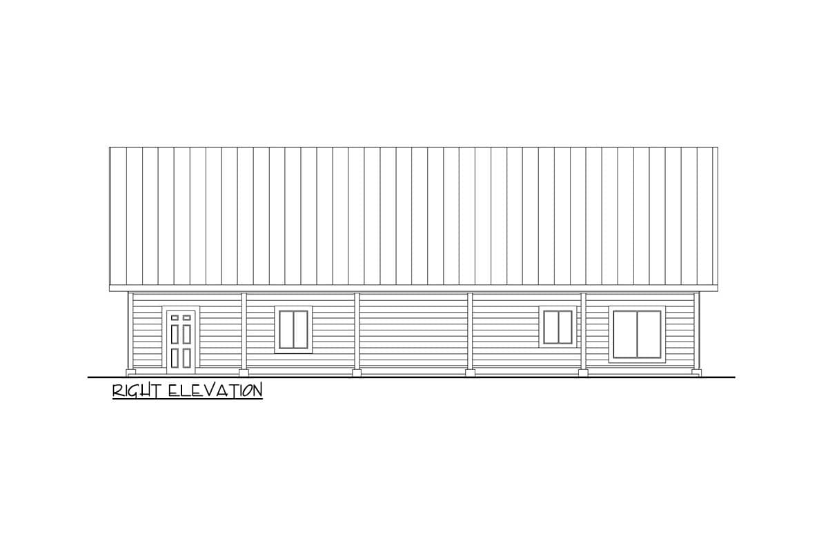 House plan right elevation: single-story with horizontal siding, double front doors, and three windows.