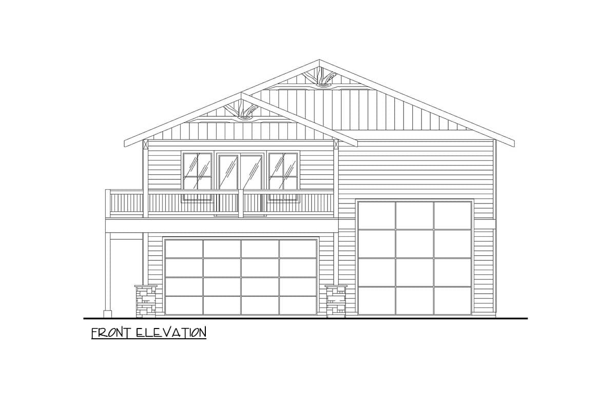 Front elevation drawing of a two-story house plan with a gabled roof, deck, and two garage doors.