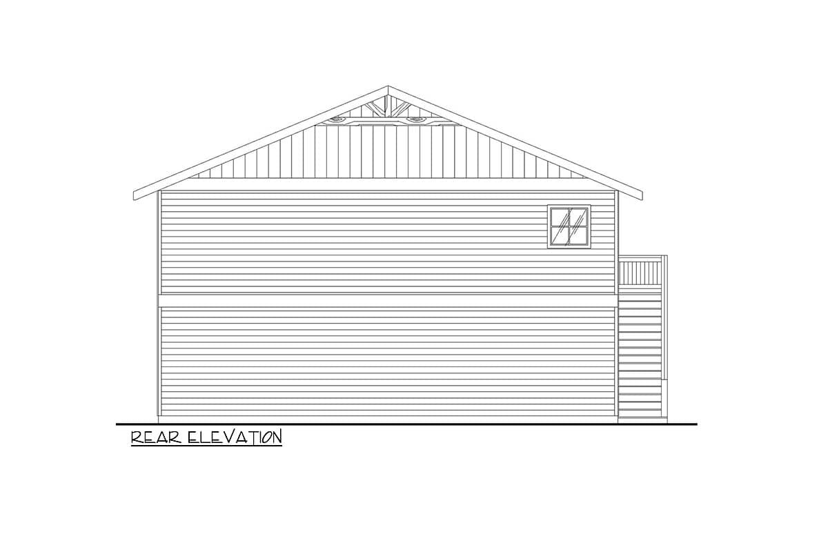 Rear elevation drawing showing a two-story house plan with horizontal siding, gable roof with exposed rafters, and exterior stairs.