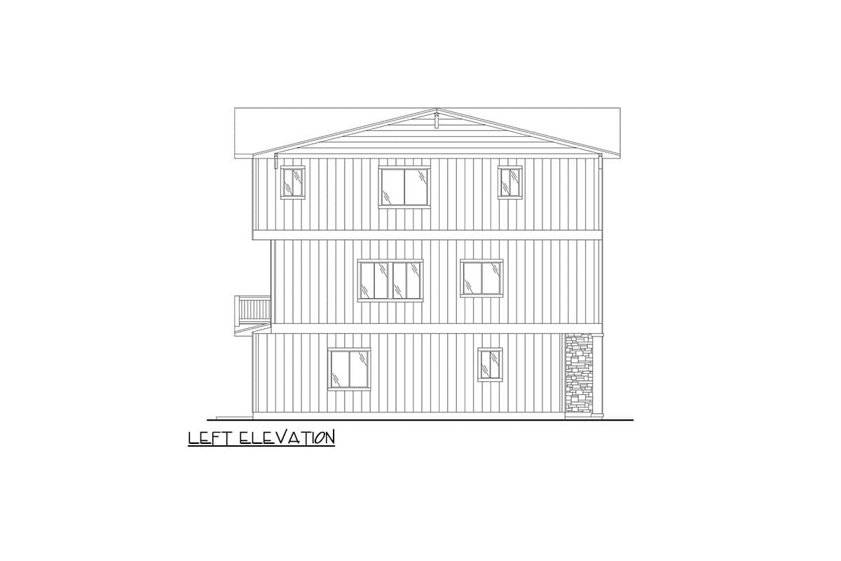 Left elevation drawing of a three-story house plan with lap siding, multiple windows, a small balcony, and stone accents on the lower level.