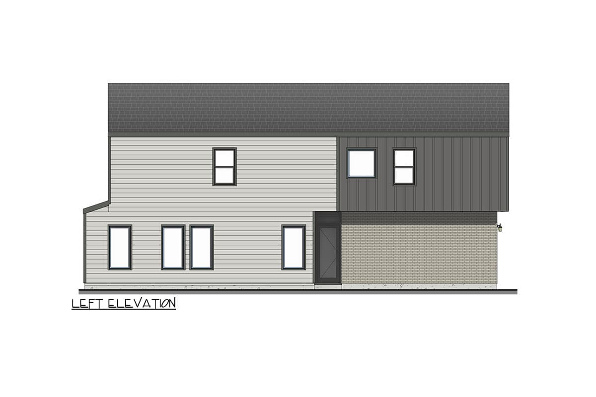 Left elevation drawing of a two-story house plan with horizontal siding, metal paneling, brick base, and multiple windows.