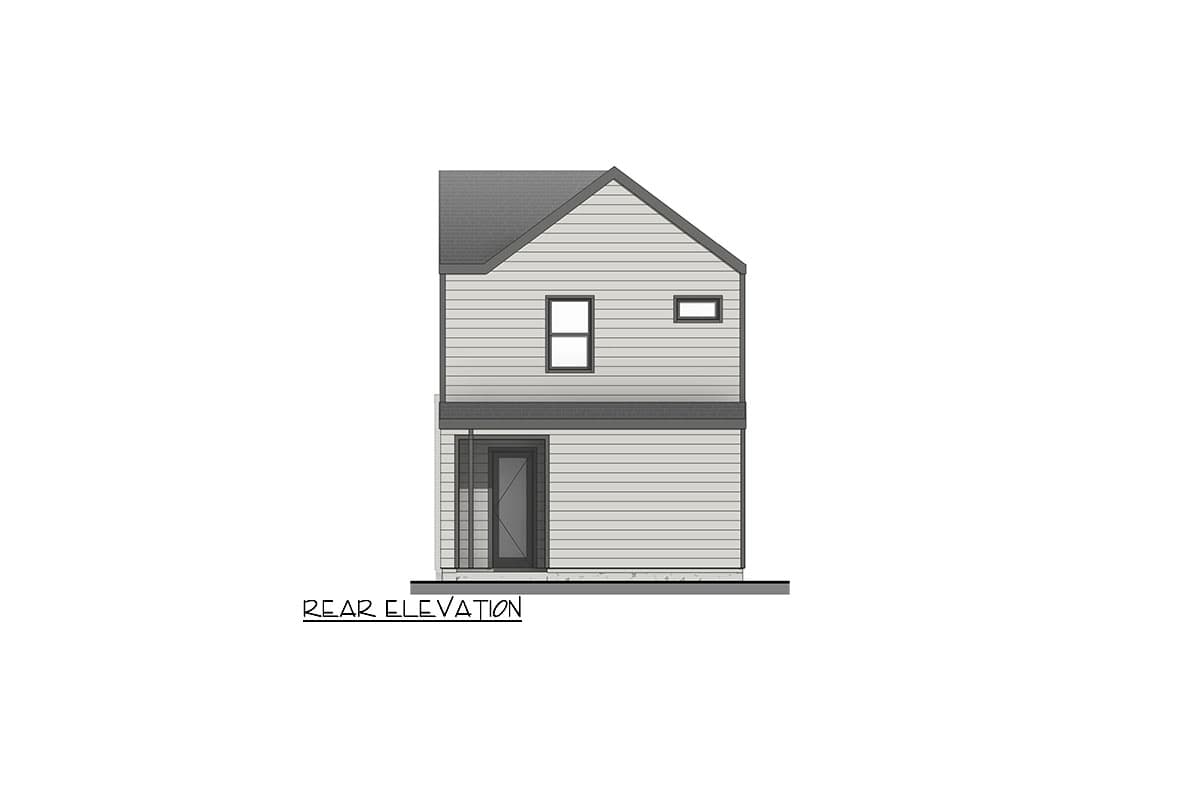 Rear elevation drawing of a two-story house with horizontal siding, a pitched roof, and a single door.