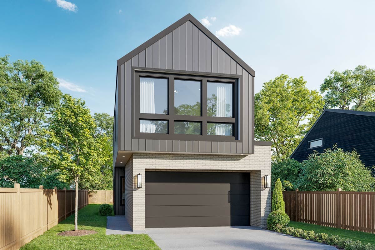 House plan exterior. Two-story modern style with a shed roof, a gabled upper level, and a garage. Features large windows and brick facade.