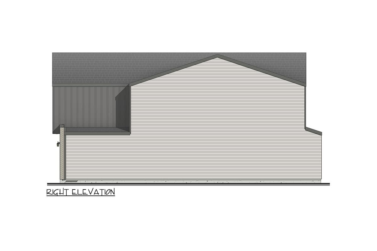 Right elevation house plan showing siding, gabled roof, and vertical siding.