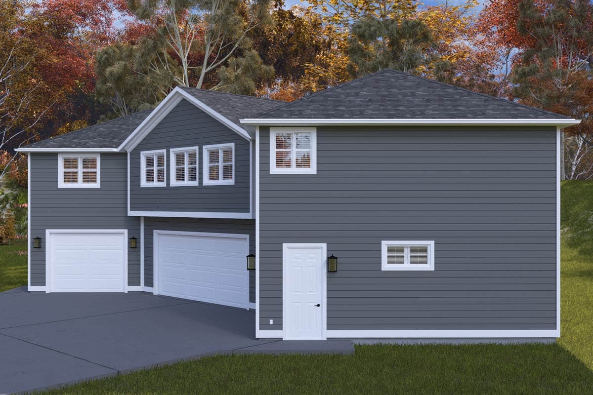 House plan exterior: Modern Farmhouse style, two stories, with a three-car garage and a prominent gable.