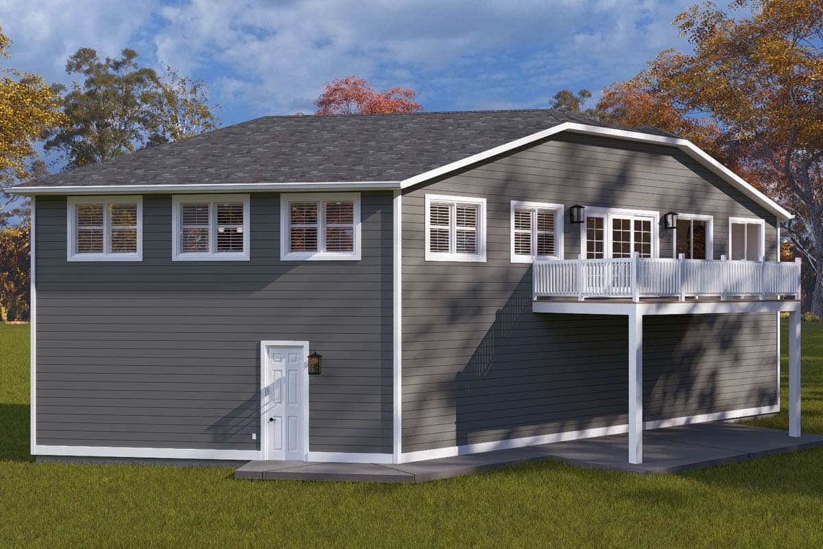 House plan exterior, two-story home with lap siding, multiple windows, a deck, and a ground-level door.