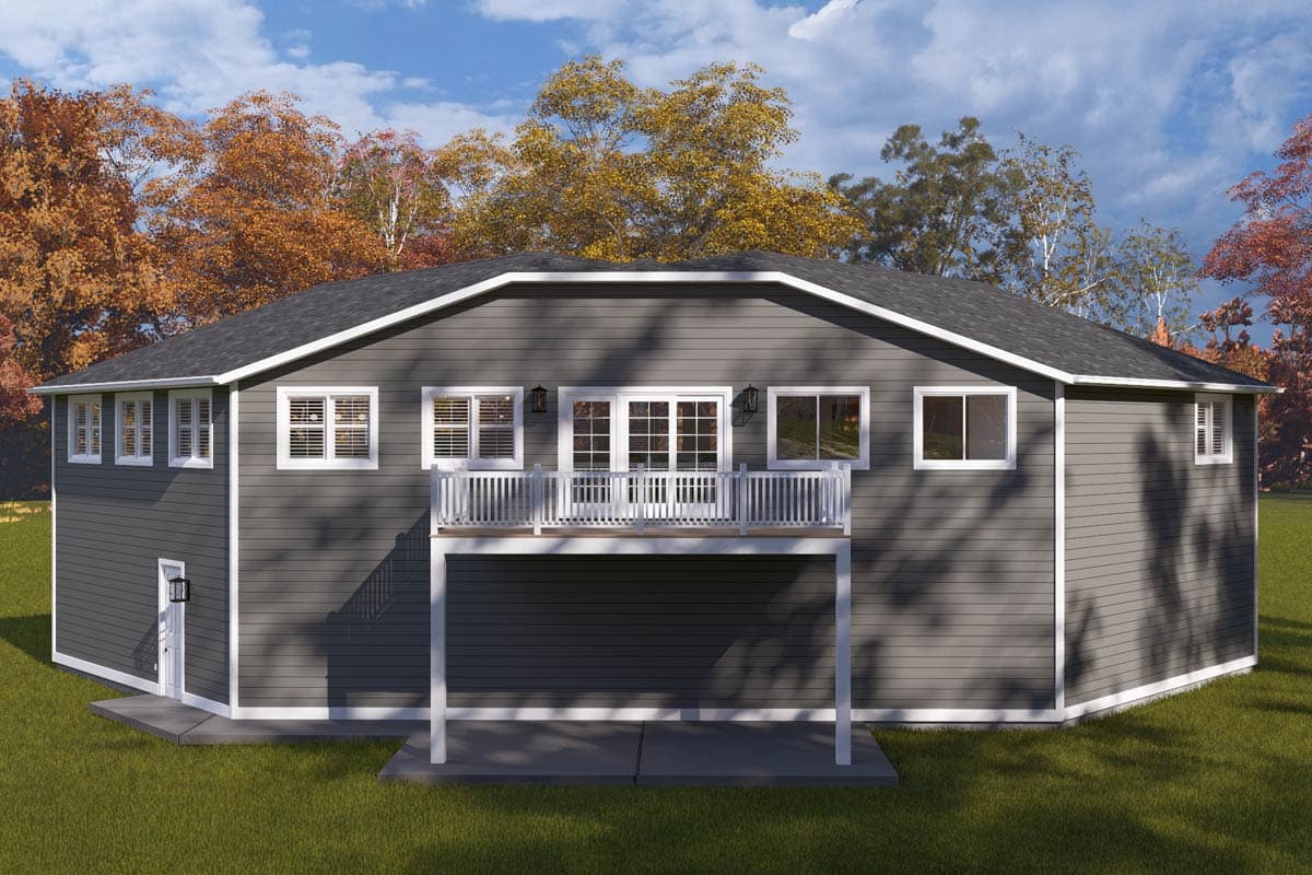 House plan exterior: A 1.5-story home with vinyl siding, a covered deck with white railings, and multiple windows.