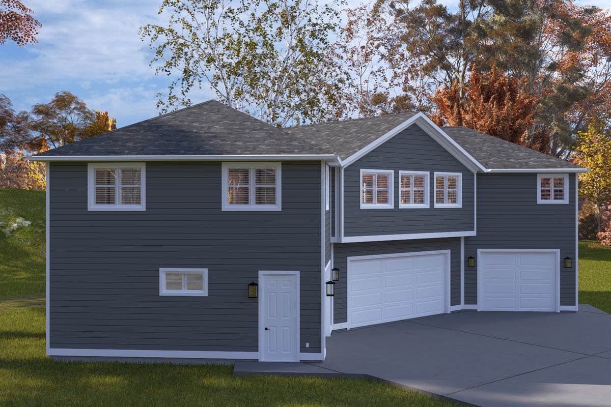 House plan exterior of two-story home with multiple gables, a triple-bay garage, and white trim.