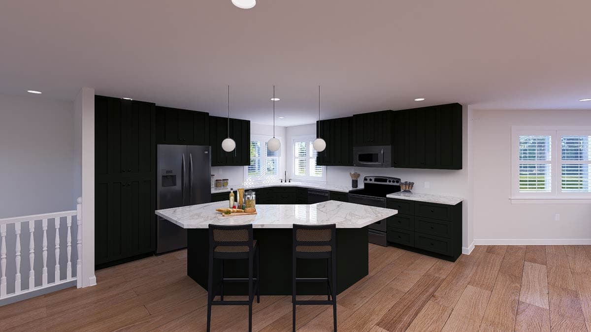 Contemporary kitchen with dark cabinets, a large marble-topped island with seating, stainless steel appliances, and hardwood floors.
