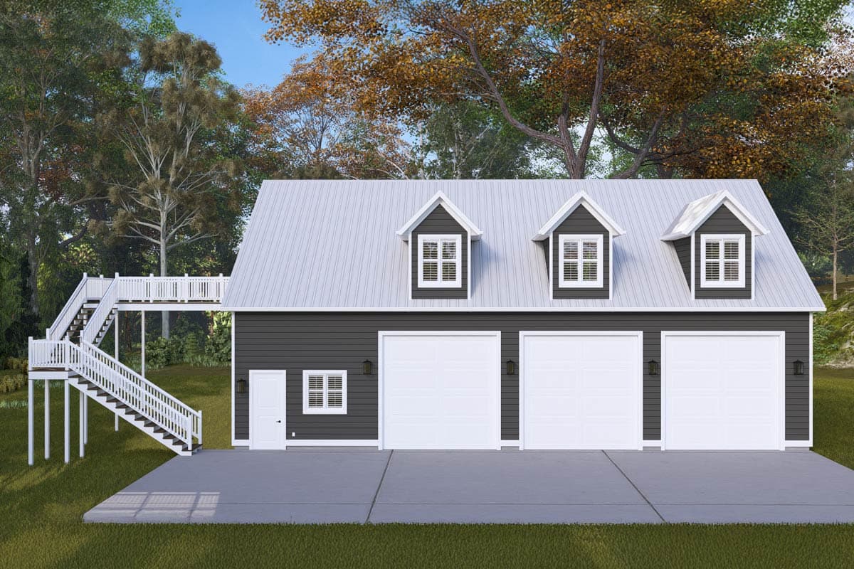 House plan exterior with three-car garage. Features include three dormers, metal roof, and an exterior staircase leading to a raised deck.