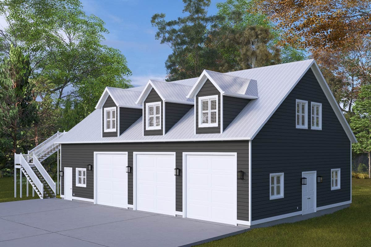 House plan exterior: Dark gray, two-story building with white metal roof, three garage doors, and three dormers.