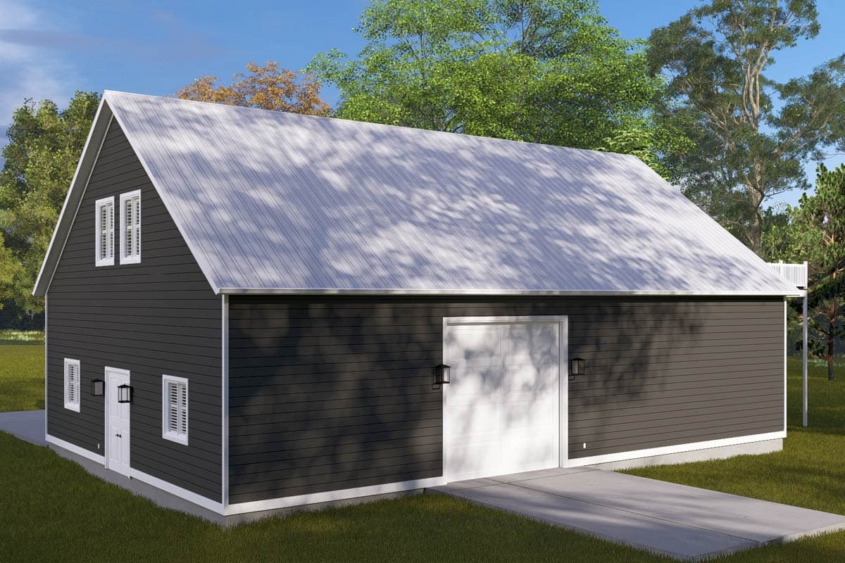 House plan exterior of a two-story Modern Farmhouse with a gambrel roof, dark siding, and a two-car garage door.
