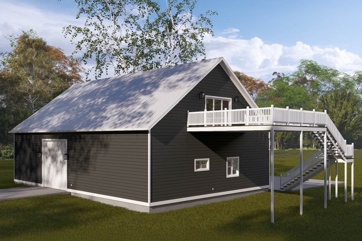House plan exterior: Modern farmhouse style, two stories, metal roof, white railings on elevated deck with stairs, side garage door.