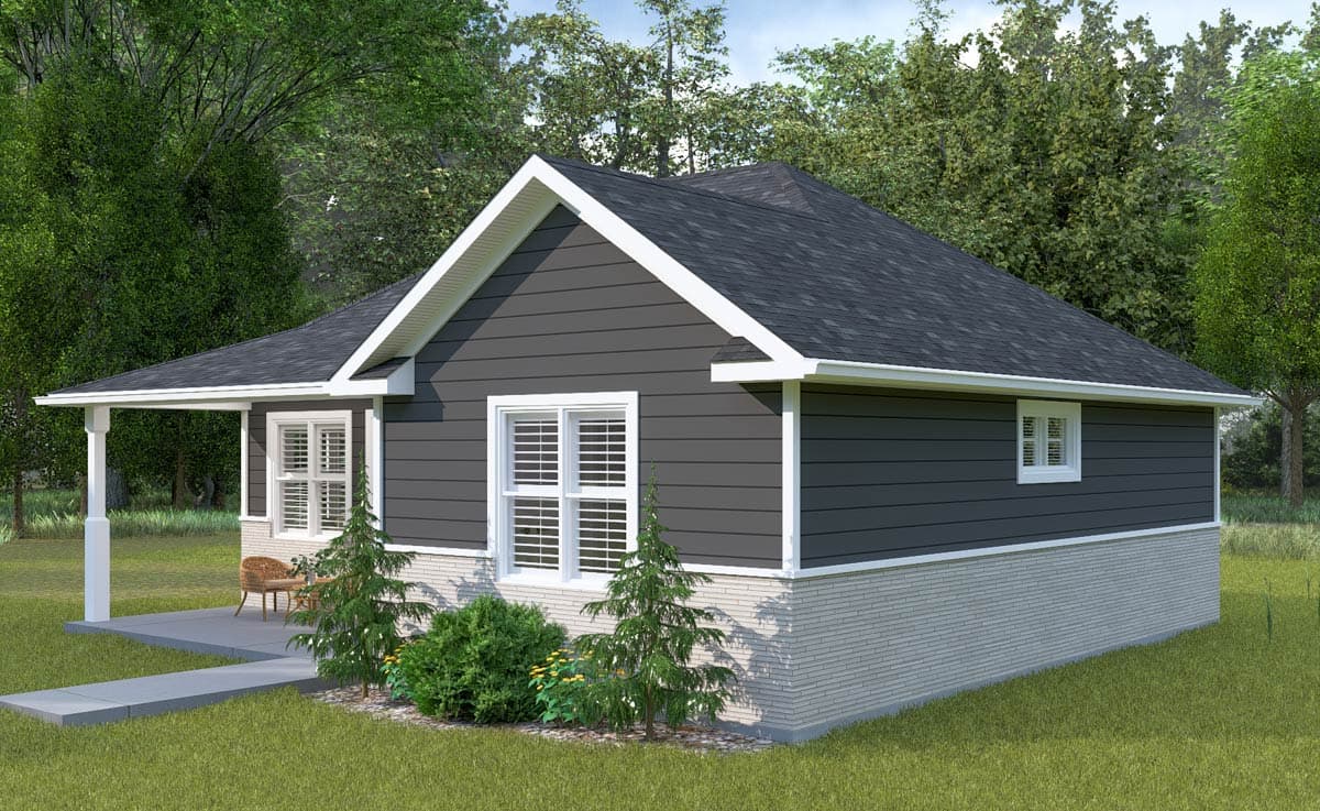 House plan exterior: Single-story home with dark horizontal siding, white trim, a gable roof, and a covered front porch.